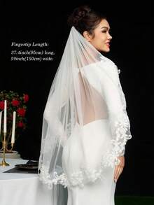 1pc Lace Applique Fingertip Length 95cm Short Bridal Veil With Comb Soft Tulle For Bride Wedding Party - Multicolor - View 6