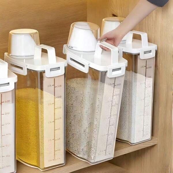 1 pieza Tarro de almacenamiento de granos múltiples, Recipiente de plástico para cinco granos con asa y taza medidora, Organizador de cocina Recipiente para arroz
