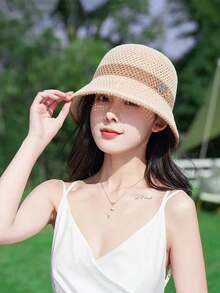 1 件女士纯色渔夫帽，简约时尚百搭针织镂空透气遮阳帽，适合春夏季 - MZ1572 - 查看 16