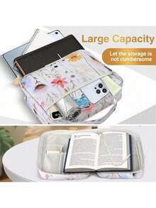 Large Bible Covers For Women 11x9x3inch Extra Large Bible Cover Case For Girls White Floral Bible Cover With Strap Pockets Zipper Waterproof Thick XL Study Bible Carrying Case Flower Bible Bag - White - View 4