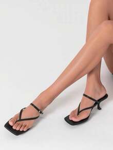 Giày sandal cao gót kiểu Pháp dành cho nữ, sandal da hở mũi gót mỏng mùa hè mới với quai ngang mắt cá chân, dép xỏ ngón gót thấp. - màu đen - Xem 5