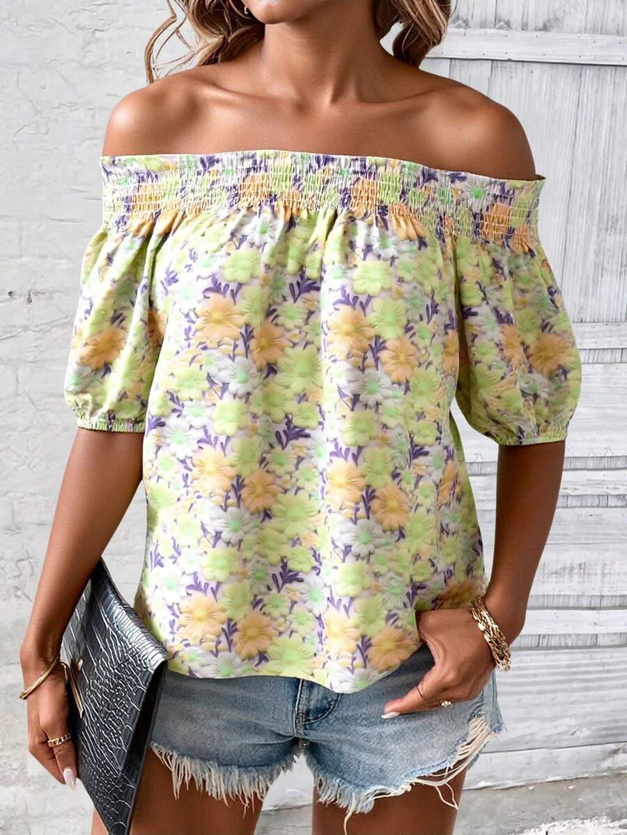 Verano en flor - Blusa con estampado floral multicolor para mujer: elegante, informal y romántica, adecuada para el uso diario - Verde - Ver 1