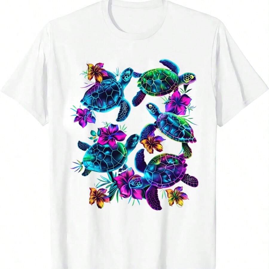 Funny Colorful Marine Life Turtle T Shirt A Garden Under The Waves Women Men Clothing Streetwear Graphic T Shirts Anime Clothes - White - View 1