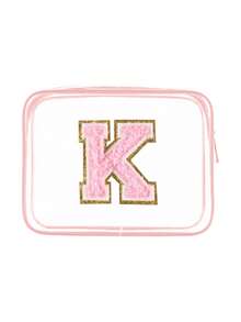 1个透明PVC便携式收纳袋，带毛巾，绣有字母A-Z，大容量化妆品收纳包，防水，带拉链，化妆包，化妆品袋，旅行收纳包，美妆包，可装口红