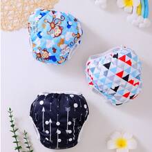 3pcs Random Prints Cloth Swim Diaper Reusable Swimming Diaper Pants Adjustable Swim Diaper For Swimming Lessons Baby Girls,Boys,Netural Color Swim Diaper(The Prints Cycle Will Be Reversed)