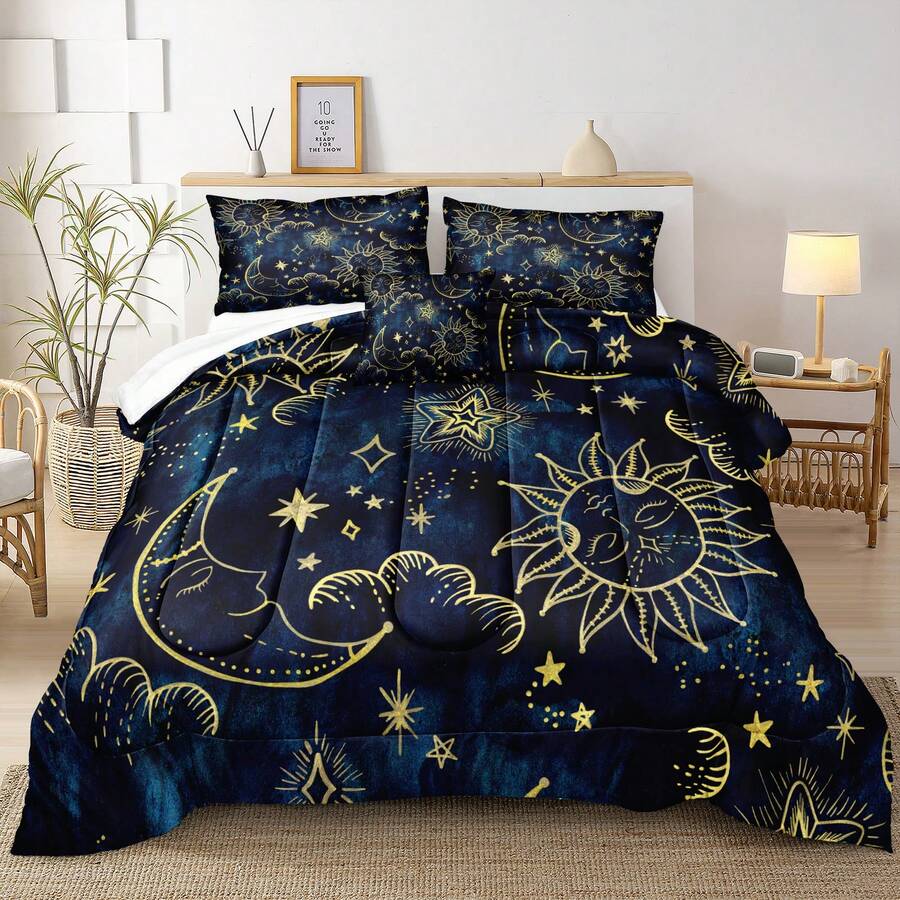Sun And Moon Comforter Set Queen Size Blue Gold Bedding Comforter Blue Universe Galaxy Sun Moon Pattern Bohemian Gothic Comforter Set For Kids Boys Teens - Blue - View 1