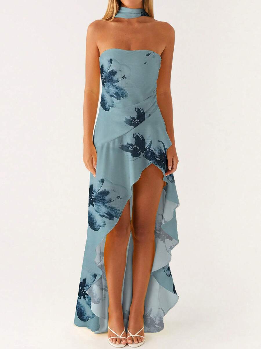 Women Casual Tube Dress Summer Solid Color/Floral Print High Low Ruffles Dress With Scarf For Cocktail Streetwear - 藍色 - 查看 1