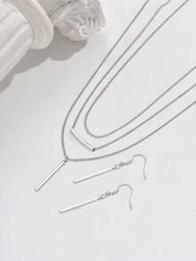 3 件波西米亚风格女士首饰套装，简约金色几何长吊坠项链 + 耳环，独特礼品套装，欧美风格 - Silvery - 查看 4