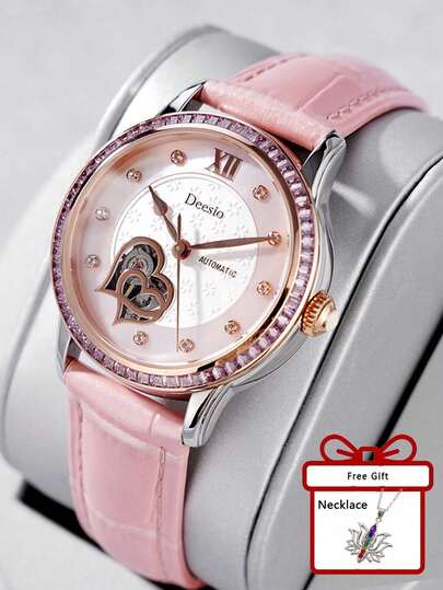 Deesio Reloj de señora con movimiento mecánico importado, moda hueca con impresión literal, material de alta calidad acero inoxidable 316L, estuche de anillo de diamante/anillo de acero, regalo del Día de la Madre