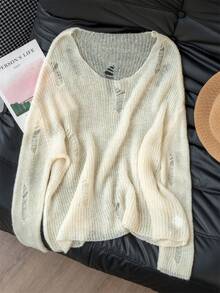 Sexy Apricot Shoulder Cut-Out Hollow Design Pullover Sweater, Suitable For Going Out, Dates, Home, And Commuting, Autumn/Winter - Apricot - View 9