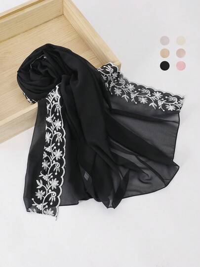1pc Women Solid Color Faux Pearl Chiffon Leaf Embroidered Lace Scarf, Malaysian & Indonesian Fashion Elegant Shawl For Dress