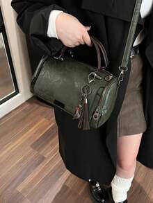 Tassel Decor Handbag, Women's Large Capacity Shoulder Bag, Fashion Zipper Crossbody Bag With Detachable Strap - Green - View 4