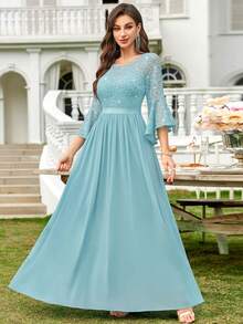 MIUSOL Sequin Floral Lace Bell Sleeve Colorblock Chiffon Ruffle Hem Formal Party Dress, Wedding Guest Gown - Mint Blue - View 7