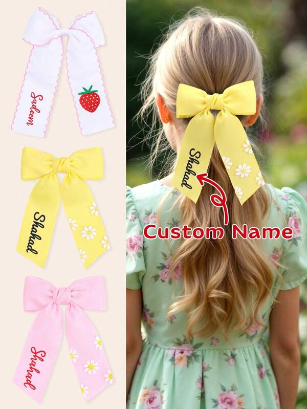1 Stück Personalisierter Namens-Haarclip in Weiß, Pink und Gelb mit süßer Erdbeere für Mädchen, Polyester Gros-Grain Mädchen Haarschleife Dekor Haaraccessoires für Mädchen für den täglichen Gebrauch, Urlaub, Frühling und Sommer, Geschenk zum Geburtstag für Mädchen und Teenagermädchen in verschiedenen Farben