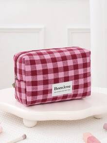 1 pieza/Set Bolsa de cosméticos a cuadros retro Y2K, bolsa de maquillaje a cuadros rosa y blanca linda para damas, bolsa de cosméticos con cremallera de gran capacidad, bolsa de viaje a cuadros casual para almacenamiento, bolsa de cosméticos esencial para viajes y vacaciones, puede almacenar toallas sanitarias y tampones, adecuada para el nuevo período escolar, primavera/verano, aniversario, vacaciones, uso diario, festivales, un regalo ideal para mujeres, también una excelente opción de regalo de Navidad - Rosa Fucsia - Ver 8