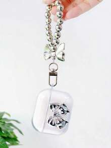 Bow-Knot 1 件银色蝴蝶结蓝牙耳机保护套，配银色蝴蝶结挂绳