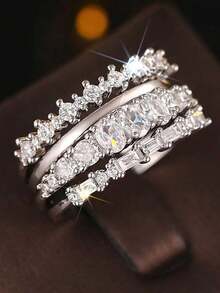 مجموعة من 4 خواتم أنيقة من النمط الأوروبي، مزخرفة بأشكال هندسية براقة، مجموعة خواتم أنيقة للنساء