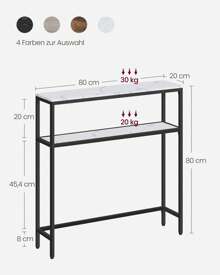 Konsolentisch, schmaler Sofatisch mit 2 Ablagen, 20 x 80 x 80 cm, Flurtisch, 2 Ebenen, für Flur, Wohnzimmer, Schlafzimmer, marmorweiß-tintenschwarz