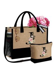 1 set, Bolso de mano tipo tote con estampado de flores con inicial A y correas para el hombro & Set de bolsas de maquillaje con iniciales de la A a la Z, bolso de regalo personalizado con bolsillos laterales, bolso de playa con pañuelo, bolsos de almacenamiento portátiles y de ocio, bolsas de compras multifuncionales, bolsa de almacenamiento simple para viajes