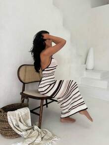 Vivid Style 性感镂空无袖修身条纹针织沙滩裙，适合夏季度假、圣诞节、新年等场合。 - 藕粉色 - 查看 2