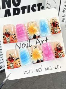 10pcs Duckbill 3D Blush Embossed Floral Leopard Print French Handmade Acrylic Press On Nails, Love Rhinestones Decorated Short Duckbill Fake Nails With Jelly Glue And Nail File, DIY Nail Art Supplies Valentine'S Day School Music Festival Travel
