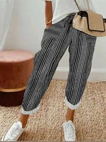 Pantalones entallados con cintura elástica a rayas, con bolsillos en diagonal y correas, casual y versátil, pantalones de chándal casuales de primavera y otoño para mujer con cordón, bolsillo, corte de entrenamiento a rayas blancas y negras de ajuste regular para uso diario casual de mujer