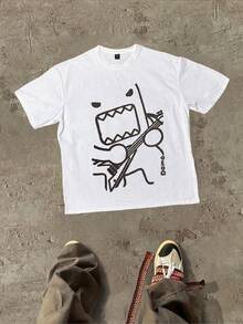 Plus Size Men T-Shirts, Anime CharacterInspired "Domo Playing Guitar" 100% Cotton 220g Casual Printed T-Shirt,Crew Neck Short Sleeve,For Going Out,Gift,Summer,Unisex - 白色 - 查看 1