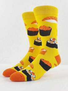 1 Pair Sushi Theme Bright Yellow Mid-Calf Socks, Funny Pattern, Fashionable & Versatile For Spring And Autumn - Multicolor - View 5