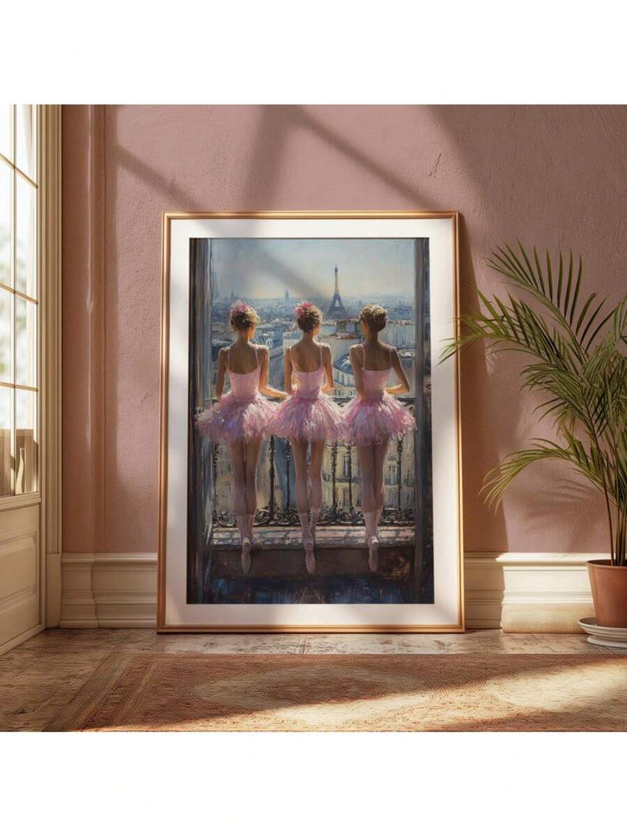 巴黎芭蕾舞女演员墙艺术 - 三个女孩面对埃菲尔铁塔，优雅的芭蕾舞者印刷品，法式浪漫装饰，梦幻舞蹈海报帆布画海报和印刷品墙艺术图片可用于客厅装饰可选框架 - 彩色 - 查看 1