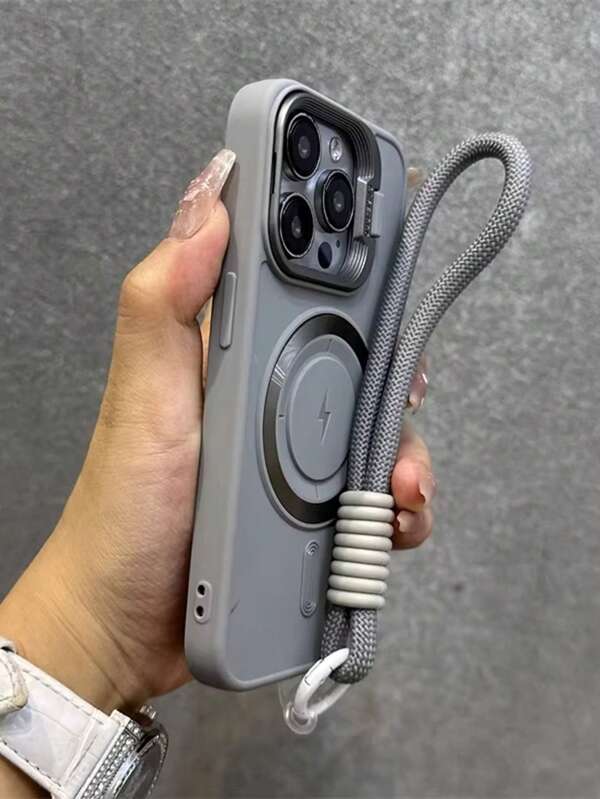 1 pezzo Custodia di lusso per telefono con calamita fulmine, cinturino in nylon corto, supporto per fotocamera, per iPhone16 15 14 13 12 11 Pro Max Plus, cover posteriore in silicone morbido