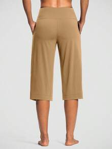 Women's Wide Leg Yoga Capris High Waist Loose Fit Dress Pants With Pockets Casual Lounge Capri Pants For Women - 深卡其色 - 查看 3