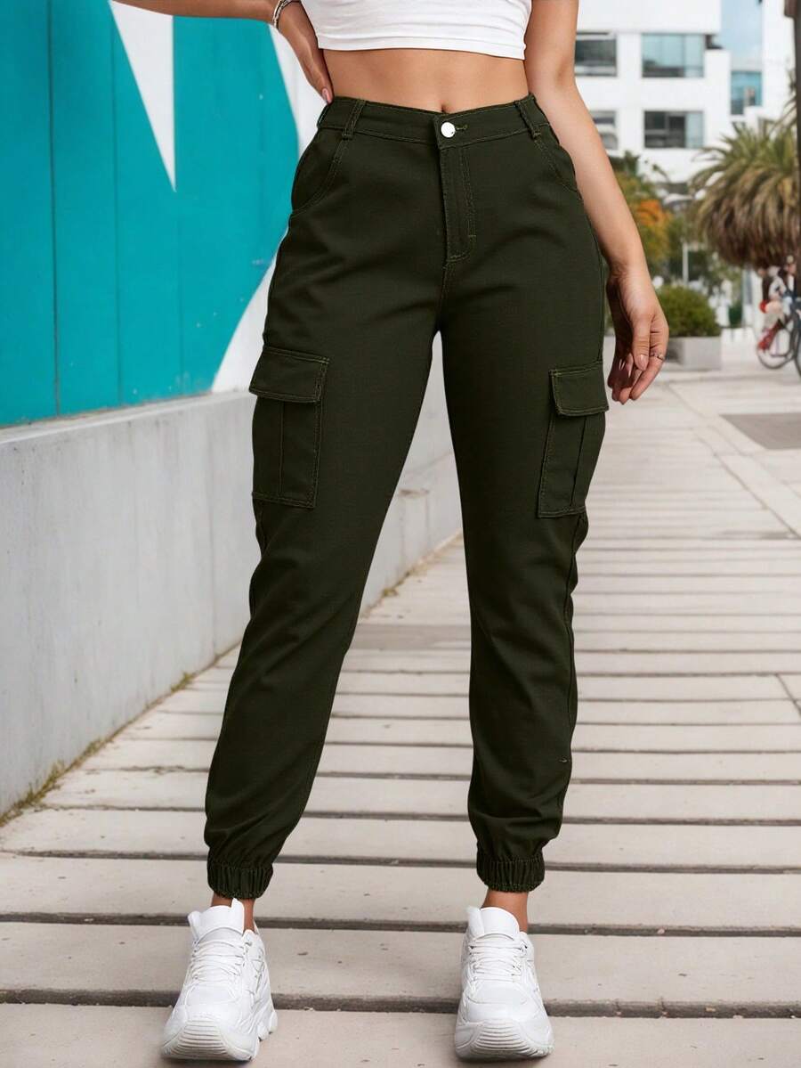 Pantalón cargo algodón dama mujer zipper botón metálico dos bolsas laterales pretina elástica posterior a tono bajo amplio elástico extremo casual diario cómodo calor frío día noche fresco vacaciones comida jardín - Verde Oliva - Ver 1