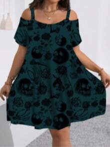 Summer Minimalist Skull Print Hollow Out Short Sleeve Dress - Dark Green - View 3