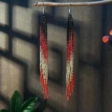 AHAYA 2 件彩色渐变串珠长流苏耳环，手工波西米亚风格玻璃珠耳环，女士珠宝，圣诞节/节日礼物 - 紅色 - 查看 1
