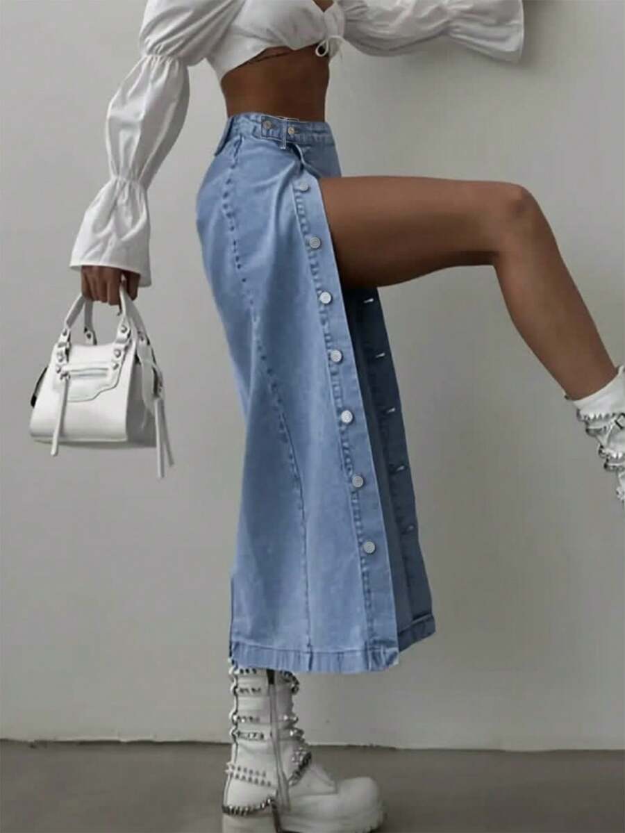 Mobula Sound#Fashion Casual Music Festival Asymmetrical Split Elastic Waist Denim Skirt For Women, Spring/Summer - Blue - View 1