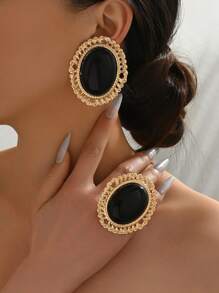 3pcs/Set Elegant Vintage Classic Geometric Oval Inlaid Black Resin Women Stud Earrings & Ring Set, Suitable For Casual Daily Wear