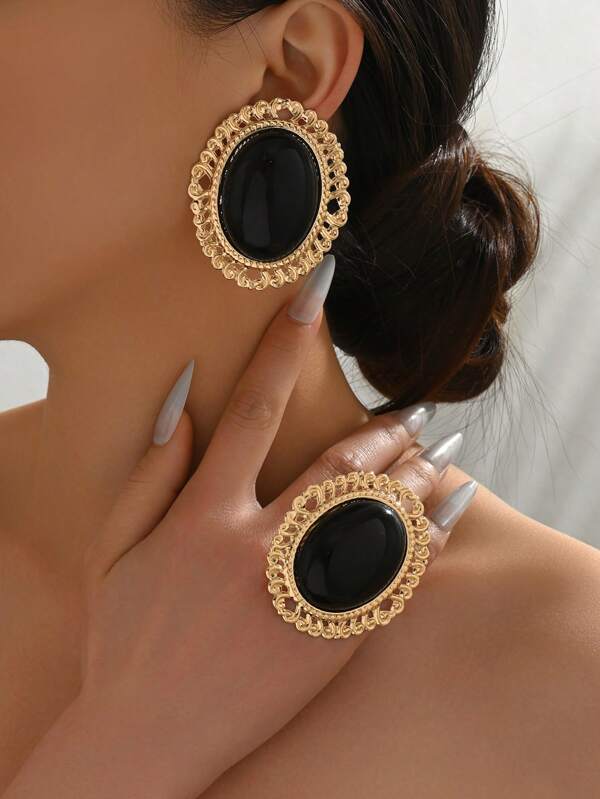 3pcs/Set Elegant Vintage Classic Geometric Oval Inlaid Black Resin Women Stud Earrings & Ring Set, Suitable For Casual Daily Wear