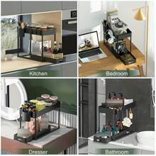 Under Sink Organizers And Storage, 2 Tier Pull Out Bathroom Cabinet Organizer With 5 Hooks 2 Hanging Cup Cabinet Organizers,Multi-Purpose Pull-Out Storage Organizers For Kitchen Bathroom Mother's Day Holiday Gifts-1Pack