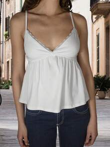 Women's Summer Babydoll Tops Sleeveless Spaghetti Strap Lace Trim Camisole Cami Tank Tops - 白色 - 查看 5