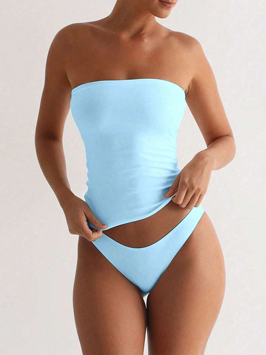 Sexy Strapless Basis Vest Fashion Solid Elastic Slim Fit Tube Top For Women Four Seasons Wear - Baby Blue - View 1