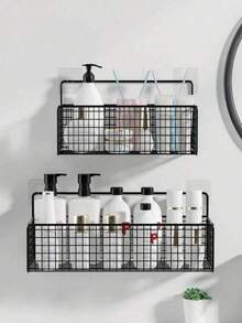 1/2pcs-Bathroom Wall-Mounted Storage Rack, Shower Storage Rack, Iron Storage Rack, Practical Skincare And Tissue Storage Rack, Bathroom Storage And Home, Kitchen Storage Rack - Black - View 6