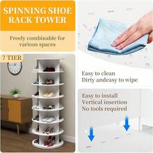Rotating Shoe Cabinet, 360 Degree Shoe Rack Storage - Round Carousel Vertical Handbag Organizer (White, 7 Tier) - White - View 6