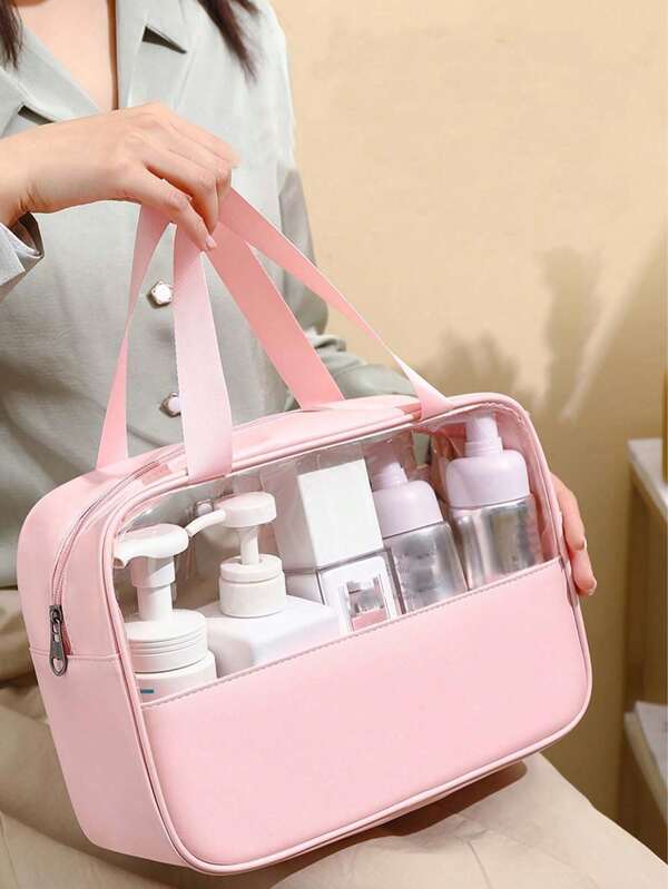 1 Pc Large Capacity Pink Waterproof Cosmetic Storage Bag With Transparent Portable Design And Dual Wings - Ideal For Organizing Cosmetics And Toiletries. A Makeup Organizer Bag, Travel Bag, Fashionable And Simple Cosmetic Bag For Beach, Travel, School, Bathroom, Dorm And Vacation