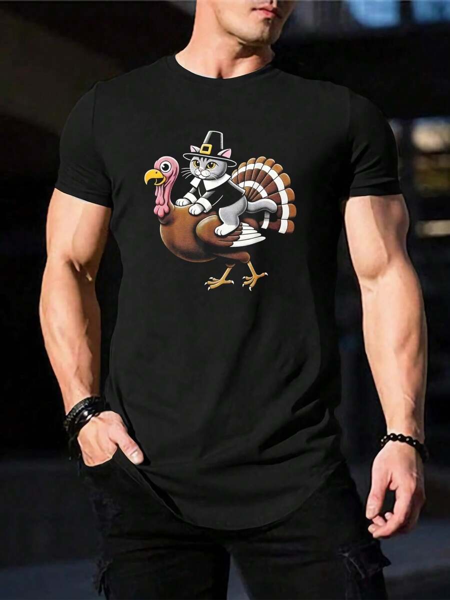 Camiseta divertida de gato montando un pavo de Acción de Gracias - Hombre y Mujer - Linda camiseta con estampado de gato peregrino - Ropa de otoño - Conjunto a juego para la familia - Regalo para las fiestas de Estados Unidos - Negro - Ver 1