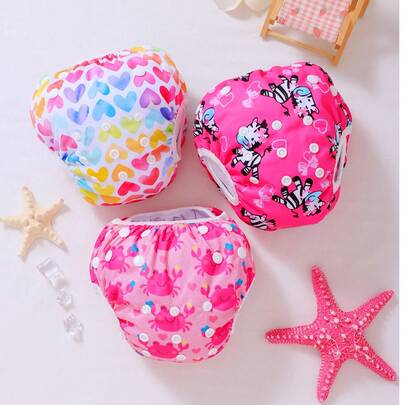 3pcs Random Prints Cloth Swim Diaper Reusable Swimming Diaper Pants Adjustable Swim Diaper For Swimming Lessons Baby Girls,Boys,Netural Color Swim Diaper(The Prints Cycle Will Be Reversed)