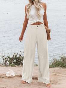 Women's Cotton Linen Trousers Casual Button Up High Waist Wide Leg Trousers - Màu be - Xem 3