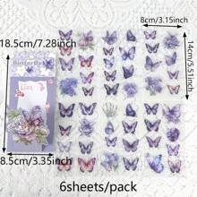 6pcs Flower & Butterfly Stickers - Self-Adhesive PET Plastic Stickers For Scrapbooking, Journals, DIY Crafts, With Blue, Gold Accents, Leaves And Butterflies, Rectangular Shape, Scrapbooking Stickers, Butterfly Decor,School Supplies,Back To School