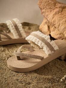 Tropiscape Kate Miuch Women's Casual Bohemian Style Fringed Beige Sandals Suitable For Dresses, Dates, Spring Picnics, Vacations; Vintage Roman Palace Inspired Beige Platform Wedge Thong Sandals, Lightweight, Breathable And Youthful Vacay Vibes Vacation Relax Beach Autumn Winter Gifts - Camel - View 4