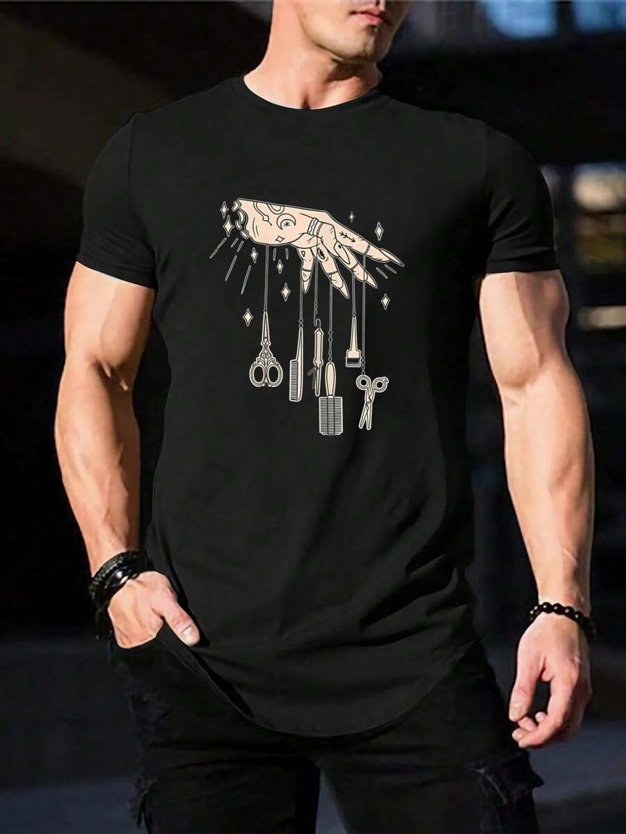 Camiseta elegante para peluqueros - Camiseta con diseño de herramientas de barbero para estilistas, cosmetólogos y profesionales - Unisex, cuello redondo, regalo - Negro - Ver 1