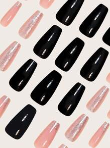24 peças Kit de Unhas Postiças Francesas de Formato Quadrado Longo, Multicoloridas, Gradiente Brilhante Preto e Rosa, Encaixam Perfeitamente, Unhas Falsas de Cobertura Completa, Inclui 1 Peça folha de Adesivos e 1 Peça Lima Mini, Para Uso Diário, Escritório, Casa, Festa, Acessórios de Joias Femininas, Dicas de Unhas Falsas 1 Peça Tira de Lima, Gel de Gelatina, Envio Aleatório